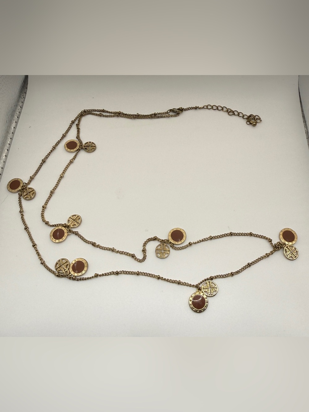 Gold-Tone Long Station Necklace w Amber Cabochons & Embossed Medallion Charms